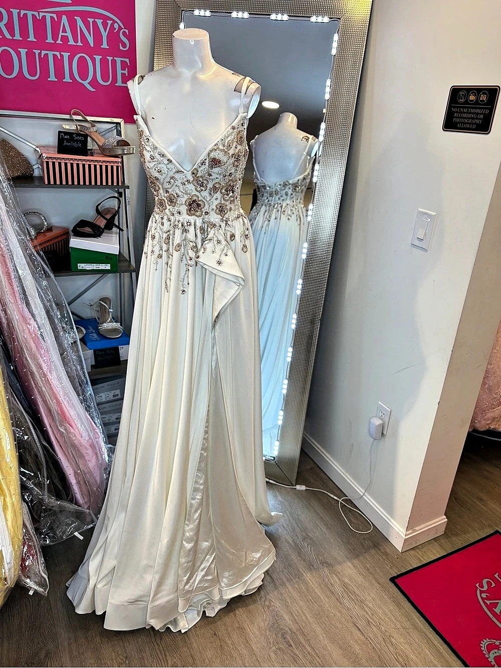 Jovani Beaded Gown with High Slit and V-Neckline Off White